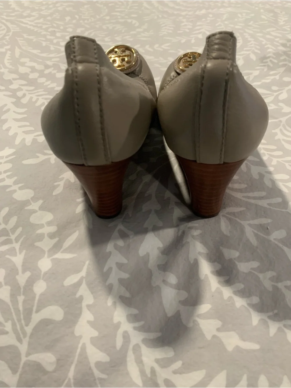 Tory Burch Taupe Round-Toe Pumps with Gold Logo